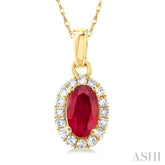5x3 MM Oval Shape Ruby and 1/20 Ctw Single Cut Diamond Halo Precious Pendant with Chain in 14K Yellow Gold